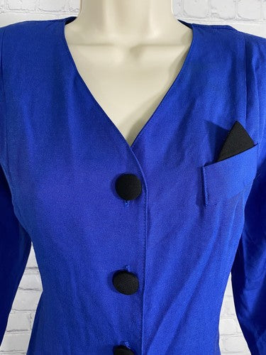 VTG Champagne West 1960s Blue Button Up Shoulder Pad Pleated Shift Dress 8P
