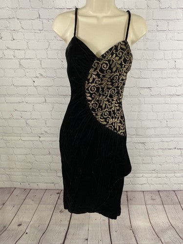VTG New Leaf Black Gold Spaghetti Strap Velvet Bodycon Dress 5/6 *defect