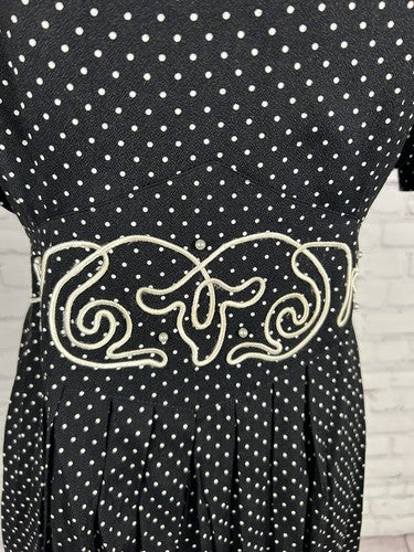 VTG S.L. Fashions Black White Polka Dot Shoulder Pad Fabric Embellished Dress 10
