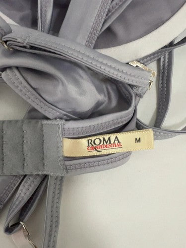 NWT Roma Confidential Silver White Lace Satin Bustier Garter Thong Set M