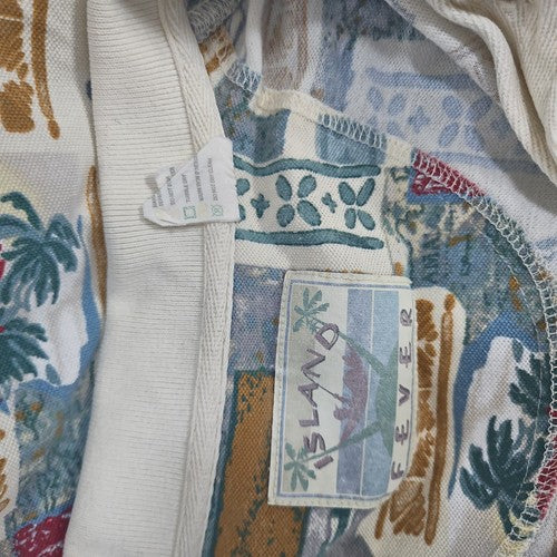 VTG Island Fever Cream Tropical Bahama Print Cotton Short Sleeve Polo Shirt L