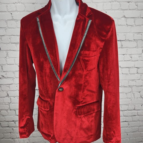 Thwei Red Velvet Faux Leather Trim 1 Button Notch Lapel Blazer Sport Coat M