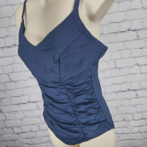 Seafolly Navy Ruched V Neck Strappy Back One Piece Swimsuit Bathing Suit 12DD