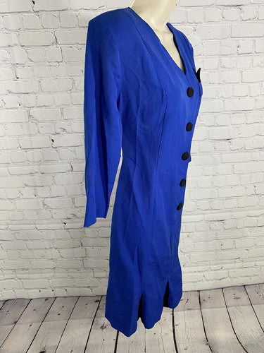 VTG Champagne West 1960s Blue Button Up Shoulder Pad Pleated Shift Dress 8P