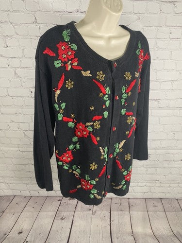 VTG Chrysantheme Black Poinsettia Embroidered Beaded Hand Knit Sweater 1X