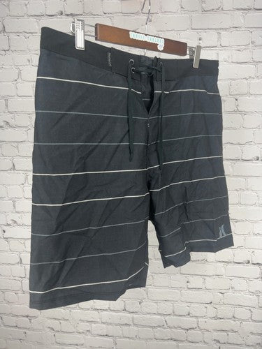 Hurley Black Gray Striped Drawstring Board Shorts Swim Trunks 33 (34X8.5)