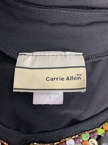 Carrie Allen Black Chunky Beaded Neckline Pleated Short Sleeve Blouse Womens L