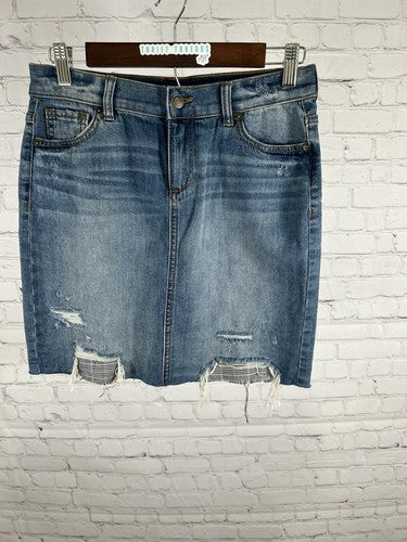 NWT NY&C Distressed Plaid Cut Outs Medium Wash Denim Short Jean Pencil Skirt 2