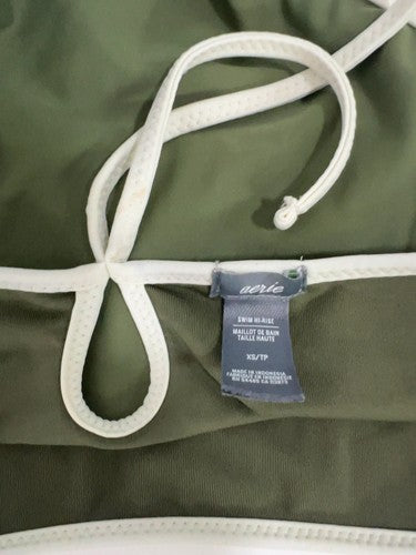 Aerie Olive Green Cream Trim Tie Front High Rise Bikini Swim Bottoms XS
