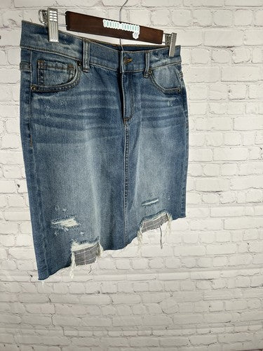 NWT NY&C Distressed Plaid Cut Outs Medium Wash Denim Short Jean Pencil Skirt 2