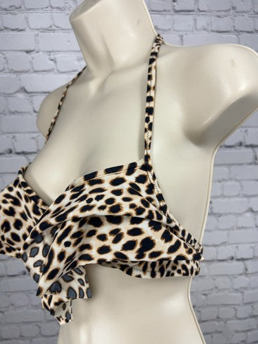 PINK Victoria's Secret Leopard Print Tiered Ruffle Halter Bikini Top S