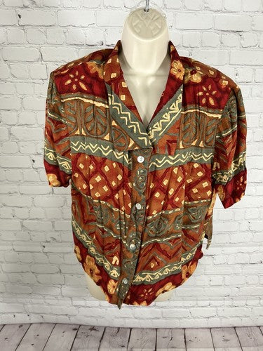 VTG Alix Taylor Short Sleeve Geometric Shoulder Padded Oyster Shell Button Up 18