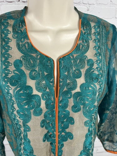 Sana Safinaz Brown Orange Blue Semi Sheer Long Sleeve Women’s Kurti Size XS