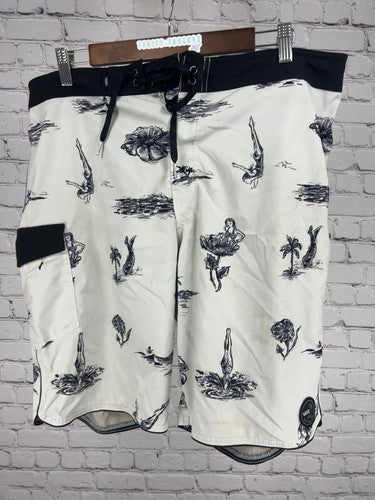 Vans White Black Tropical Pin Up Print Lace Up Cargo Board Shorts 36 (36X10)
