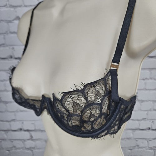 Bluebella Black Eyelash Lace Strappy Back Balconette Underwire Bra 34B