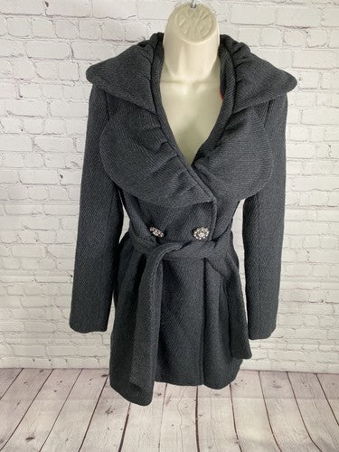 Ci Sono Charcoal Grey Wool Blend Rhinestone Button Waist Tie Jacket Coat Women S