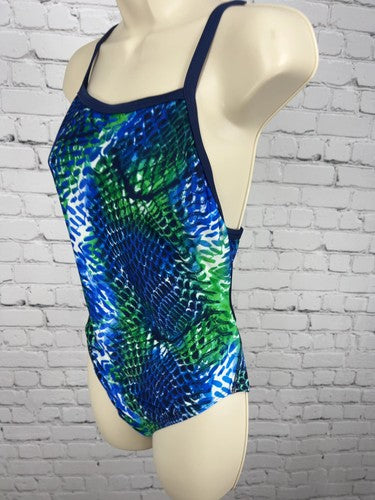 Speedo Blue Green Snake Print Cross Back One Piece Swimsuit Bathing Suit 40