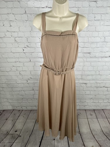 VTG Cobina Light Brown Sleeveless Beaded Neckline Belted Semi Sheer Dress XS