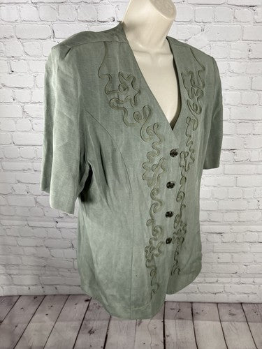 VTG Perceptions By Irene B Green Shoulder Padded Button Up Embellished Blouse 14
