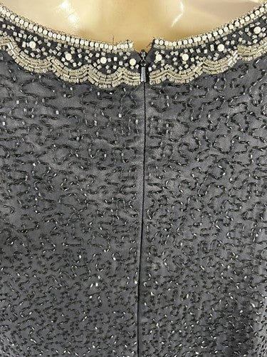 Fashion By Anil 100% Silk Black White Silver Beaded Sequined Blouse L