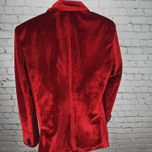 Thwei Red Velvet Faux Leather Trim 1 Button Notch Lapel Blazer Sport Coat M