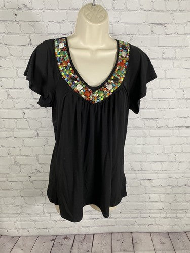 Carrie Allen Black Chunky Beaded Neckline Pleated Short Sleeve Blouse Womens L