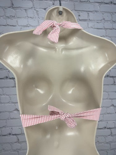 J Crew Pink White Striped Seersucker Halter Bikini Swim Top Size M