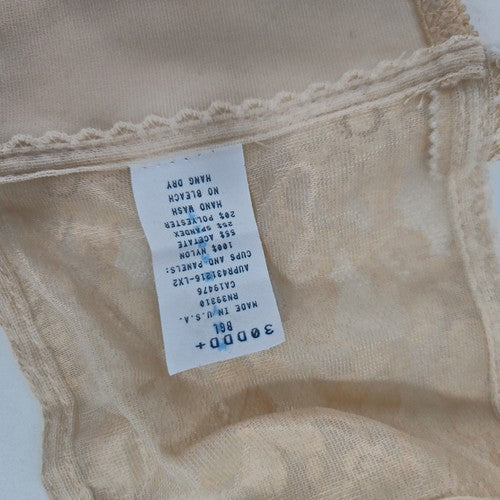 VTG May Marie Beige Floral Lace Lace-Up Front Longline Unlined Bra 30DDD+