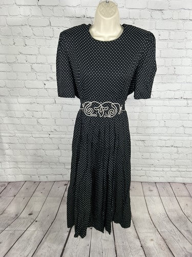 VTG S.L. Fashions Black White Polka Dot Shoulder Pad Fabric Embellished Dress 10