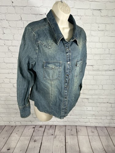 Stonebridge Medium Wash Long Sleeve Denim Snap Up Shirt Quilted Colorful Back PL