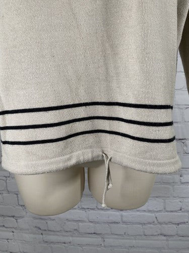 Laura Scott Black Beige 3/4 Sleeve Striped Waist Tie Knit Sweater M