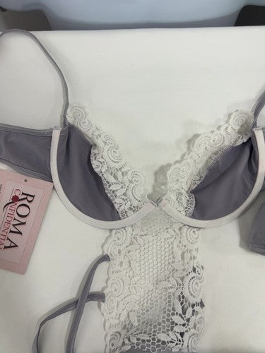 NWT Roma Confidential Silver White Lace Satin Bustier Garter Thong Set M