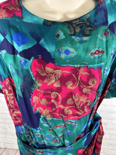 VTG Jessica Howard Colorful Shoulder Pad Front Wrap Back Zip Long Dress 22