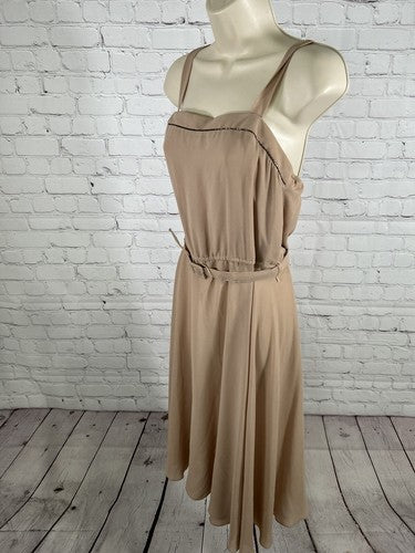 VTG Cobina Light Brown Sleeveless Beaded Neckline Belted Semi Sheer Dress XS
