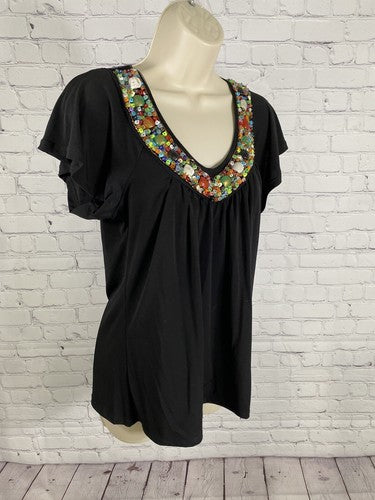 Carrie Allen Black Chunky Beaded Neckline Pleated Short Sleeve Blouse Womens L