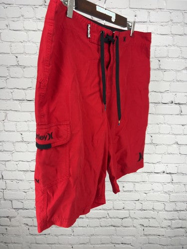 Hurley Red Black Logo Cargo Pocket Board Shorts Swim Trunks 34