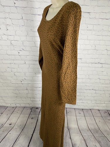 Cynthia Brown Swirly Long Sleeve Belted Side Slit Pullover Shoulder Pad Dress L
