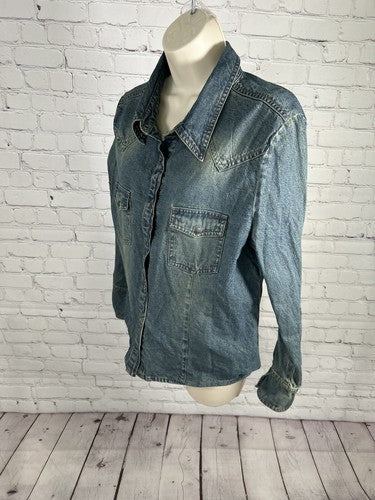 Stonebridge Medium Wash Long Sleeve Denim Snap Up Shirt Quilted Colorful Back PL
