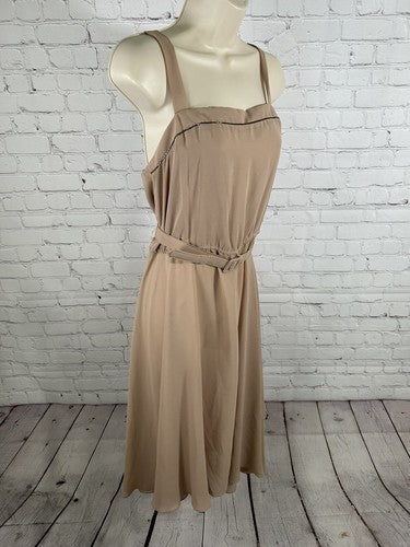 VTG Cobina Light Brown Sleeveless Beaded Neckline Belted Semi Sheer Dress XS