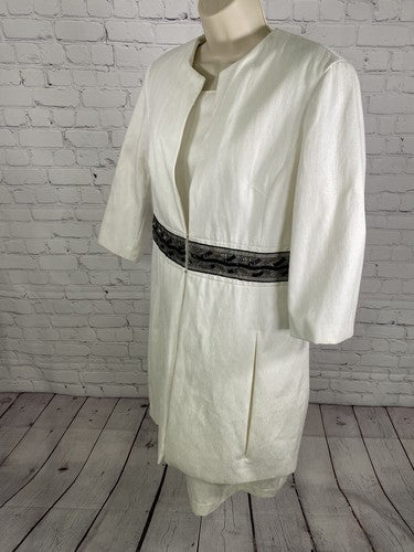 Sharagano Suits White Shift Dress Long Jacket 2 Piece Set Embroidered Beaded 12
