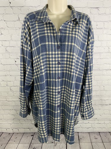 VTG Style New York Blue White Collared Long Sleeve Plaid Flannel Button Up L