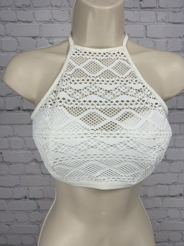 NWT Freya Swim Sundance White Crochet Lace High Neck Underwire Bikini Top 30DDD