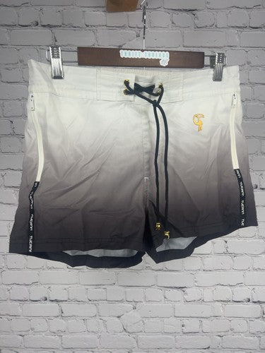 Tucann White Black Ombre Lace Up Zip Pocket Swim Trunks Shorts S (30X2.5)