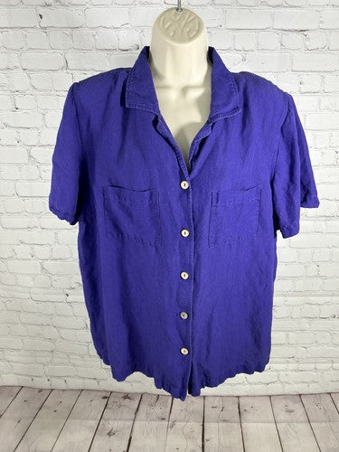 Maggie Barnes Linen/Rayon Solid Purple Short Sleeve Wooden Buttons Shirt 14/16