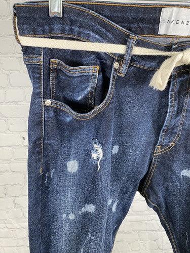 LAKENZIE Dark Wash Distressed Born Sinner Embroidered Denim Zipper Ankle Jeans L