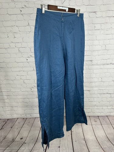 VTG Passports Blue Floral Embroidered Semi Sheer Ankle Slit Pants 10 (30x31)