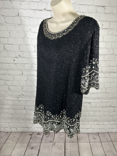 Fashion By Anil 100% Silk Black White Silver Beaded Sequined Blouse L