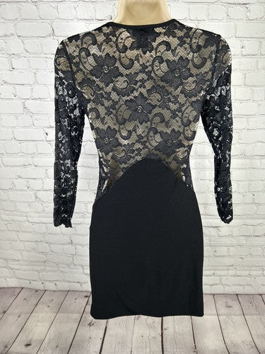 Sentimental NY Black Floral Lace Short Pullover Long Sleeve Bodycon Dress S