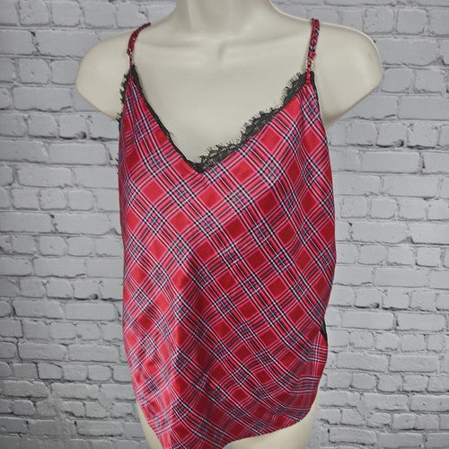 Victoria's Secret Red Plaid Satin Black Lace Trim V Neck Camisole Top L