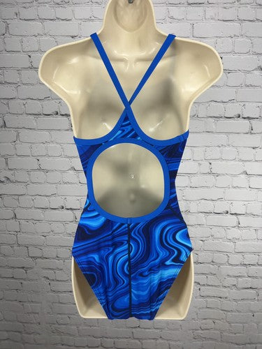 TYR Blue Swirl Print Cross Back One Piece Swimsuit Bathing Suit Size 32 M